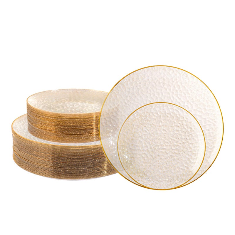 Lullaby 100PCS Clear Plastic Plates with Gold Rim Includes 50pcs Dinner Plate 10 and 50pcs Dessert Plate 7 Disposable Heavyduty Plates for Birthdays Parties and Wedding